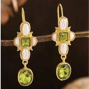NWT - Sterling 925 Gold and Green Faux Pearl Dangle Earrings